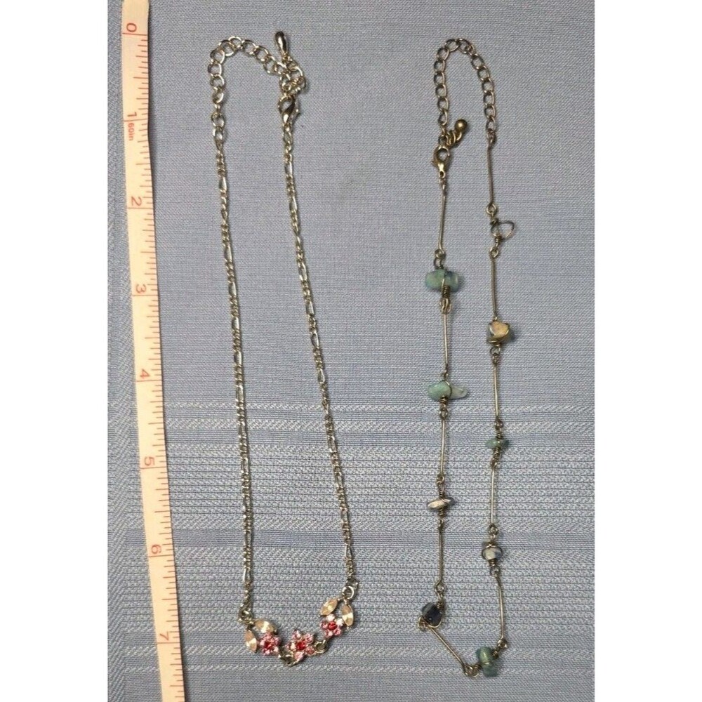Lot of 2 Silver-Tone Statement Necklaces, Pink Floral & Green Stone